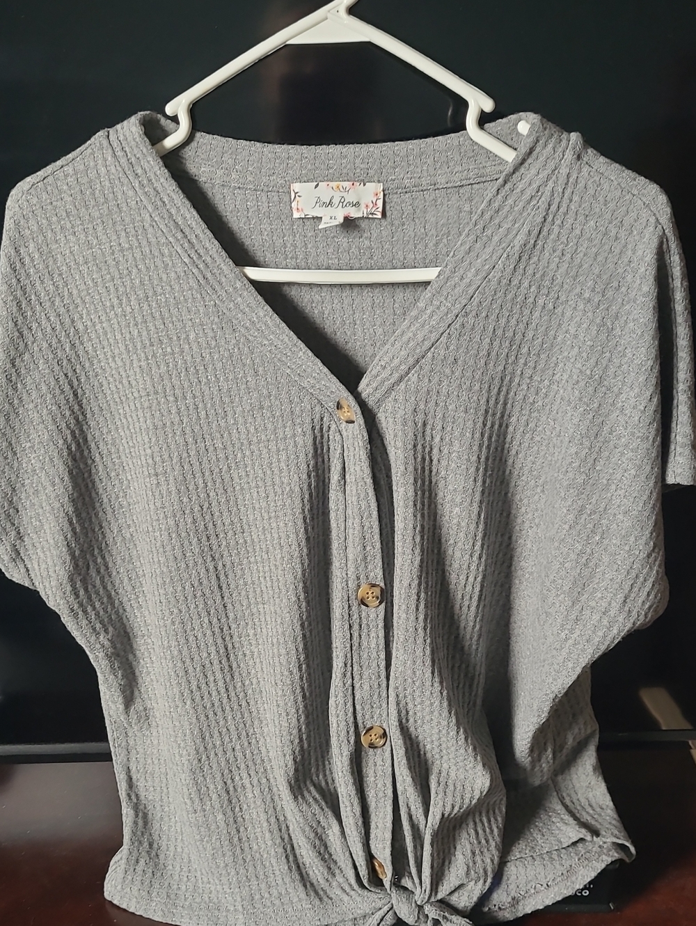 Pink Rose Gray Button-Front Waffle Knit Tie-Hem Top